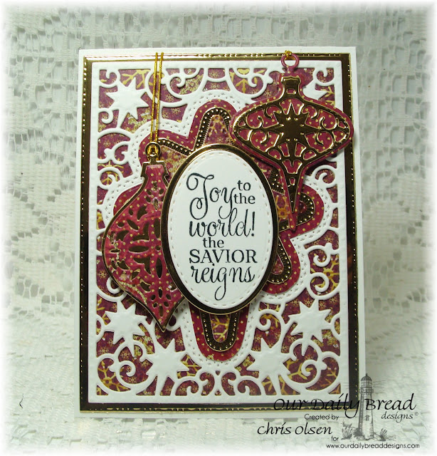 Our Daily Bread Designs, Delightful decorations dies, Tree Trimming Trios die, Christmas carols stamps, Christmas Paper Collection 2015, Flourished Star Pattern Die, Ovals die, Stitched Ovals die, Splendorous Stars die, designed my Chris Olsen