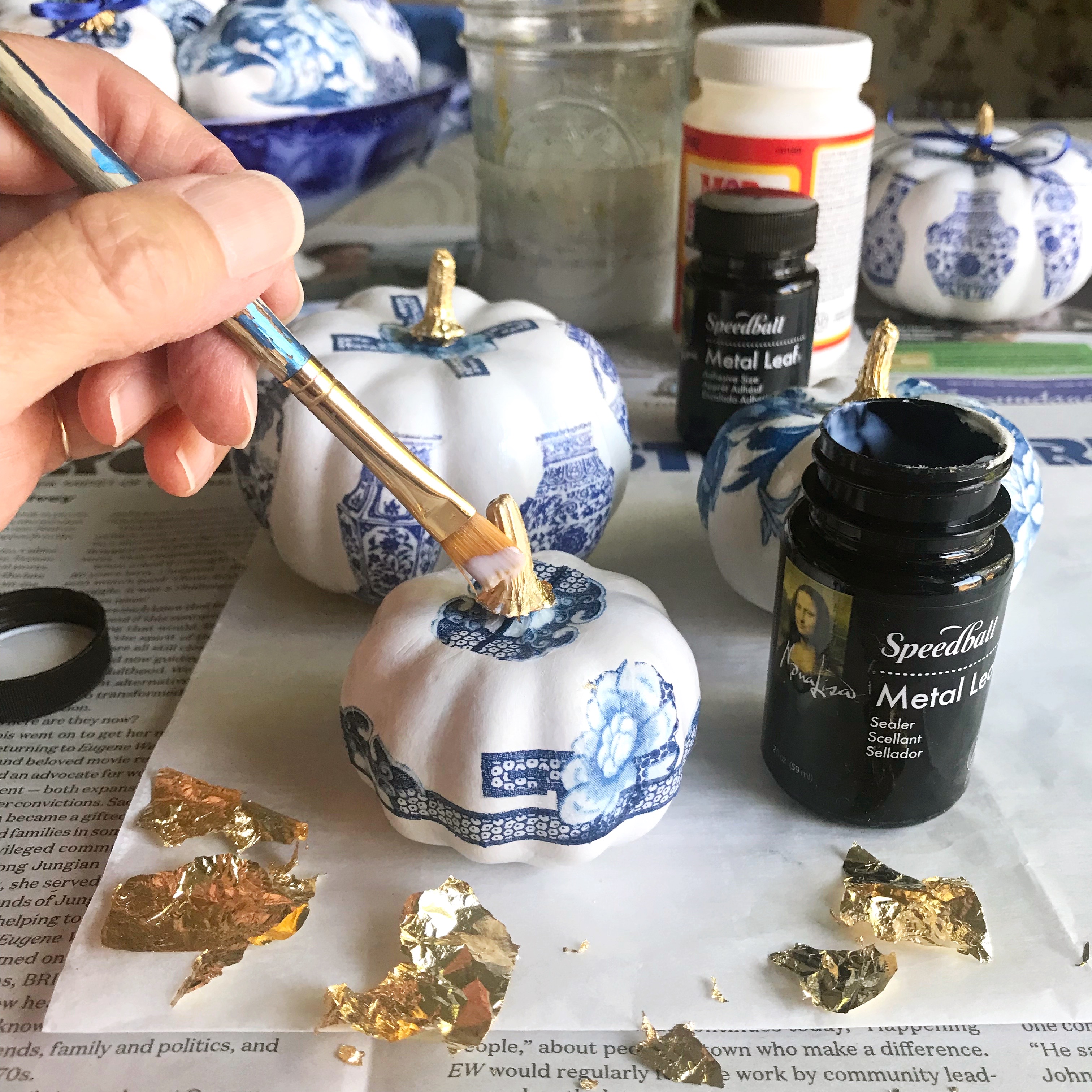 Under the Plum Blossom Tree, DIY: Decoupage Chinoiserie Mini Pumpkins, a blog post lesson in how to create autumn season faux decoupage pumpkins to use as holiday decorations.