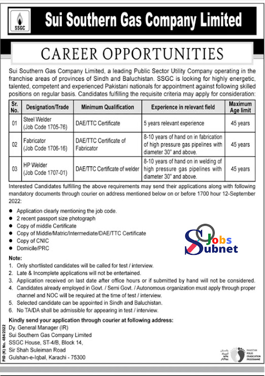 Sui Southern Gas Company SSGC Govt Jobs 2022