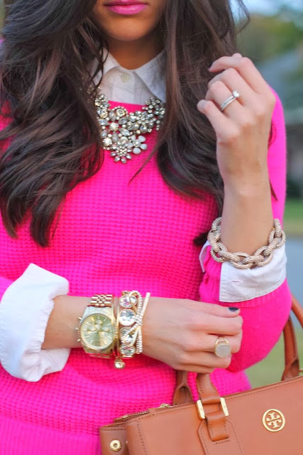 Lovely pink sweater, white shirt and fashion accessories