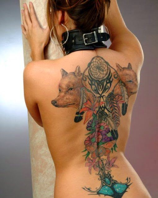 Wolf Combination Dreamcatcher Tattoo, Women Back Dreamcatcher Tattoo, Women Back Body With Dreamcatcher Wolf Animal Tattoo, Women Dreamcatcher Tattoo On Back, Women, Parts, Animals, Artist, 