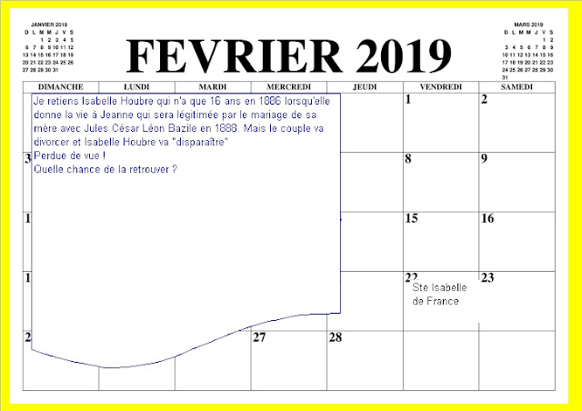 Calendrier à la date du 22 février pour la St-Isabelle