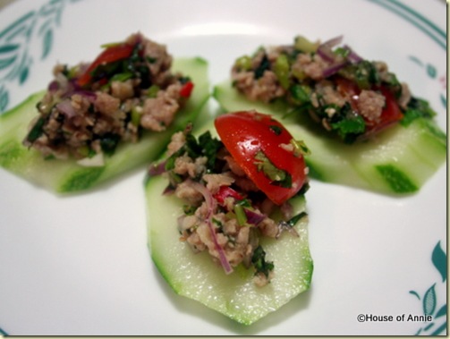 thai larb on cucumbers