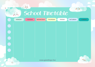 Colorful school timetable template with gradient sky blue to pink background and playful cloud illustrations, perfect for organizing weekly classes.