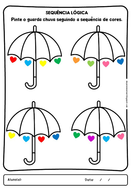 Exercício de desenvolvimento de sequência lógica para crianças na educação infantil - pinte o guarda-chuva seguindo a ordem das cores.