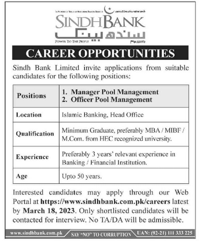 Sindh Bank Jobs Karachi 