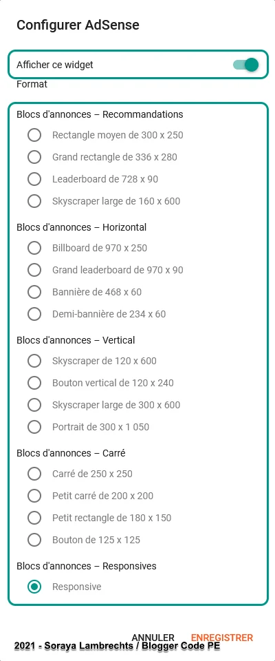 Le panneau de configuration du gadget AdSense