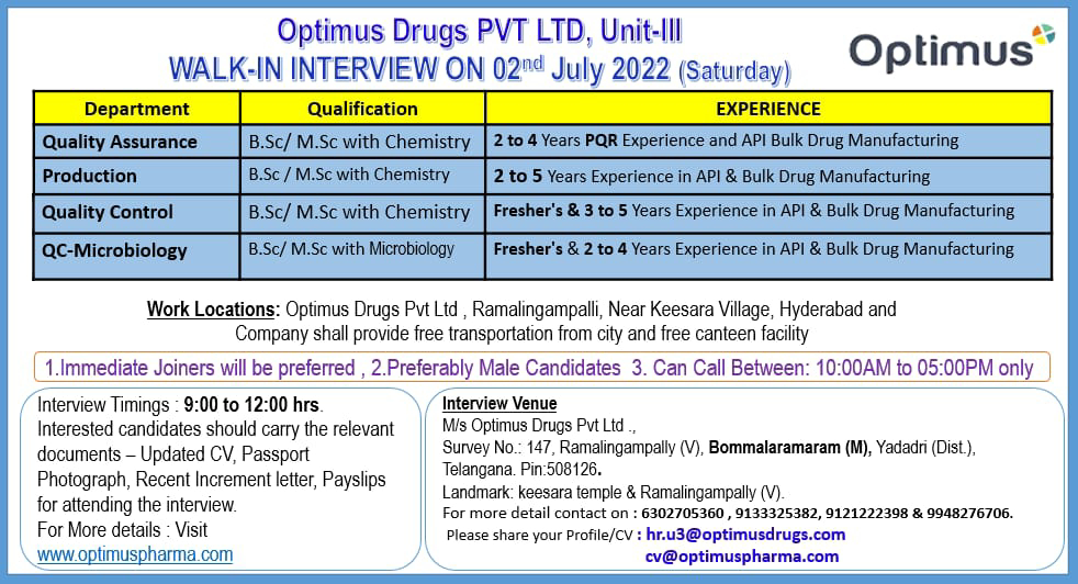 Job Available's for Optimus Drugs Pvt Ltd Walk-In Interview for Fresher’s & Experienced/ BSc/ MSc Chemistry/ Microbiology