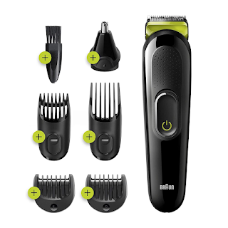 Braun 6-in-1 All-in-one Trimmer 3 MGK3221, Beard Trimmer, Hair Clipper & Face- Ear/Nose Trimmer, 5 attachments, upto 13 length settings, Black/Volt Green, 50 min run time