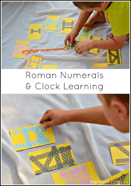 Hands-on math activity for kids: learning about clocks, telling time, and Roman numerals from And Next Comes L