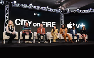 Stephanie Savage, Executive Producer/Showrunner, Josh Schwartz, Executive Producer/Showrunner, Wyatt Oleff, Chase Sui Wonders, Nico Tortorella, Xavier Clyde, and Jemima Kirke from “City on Fire” speak at the Apple TV+ 2023 Winter TCA Tour at The Langham Huntington Pasadena.