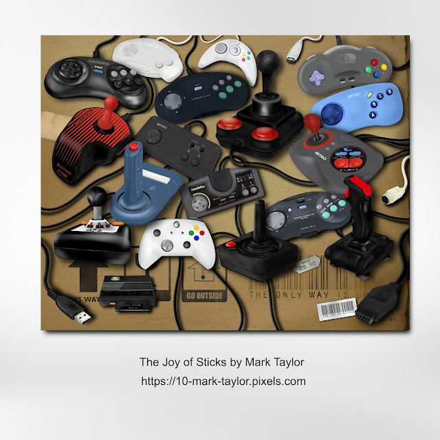 artwork depicting joysticks from the 80s and 90s