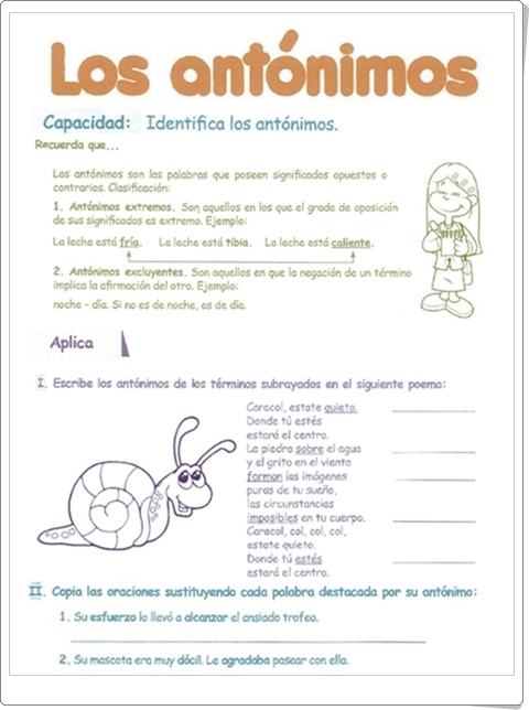 Razonamiento Verbal: "Los Antónimos" (Cuadernillo de Lengua Española de 5º de Primaria)