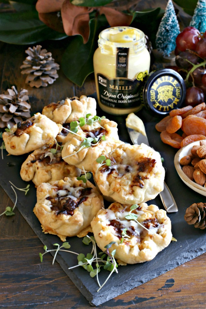 Recipe for appetizers made with savory pastry, mustard, caramelized onions and Gruyere cheese.