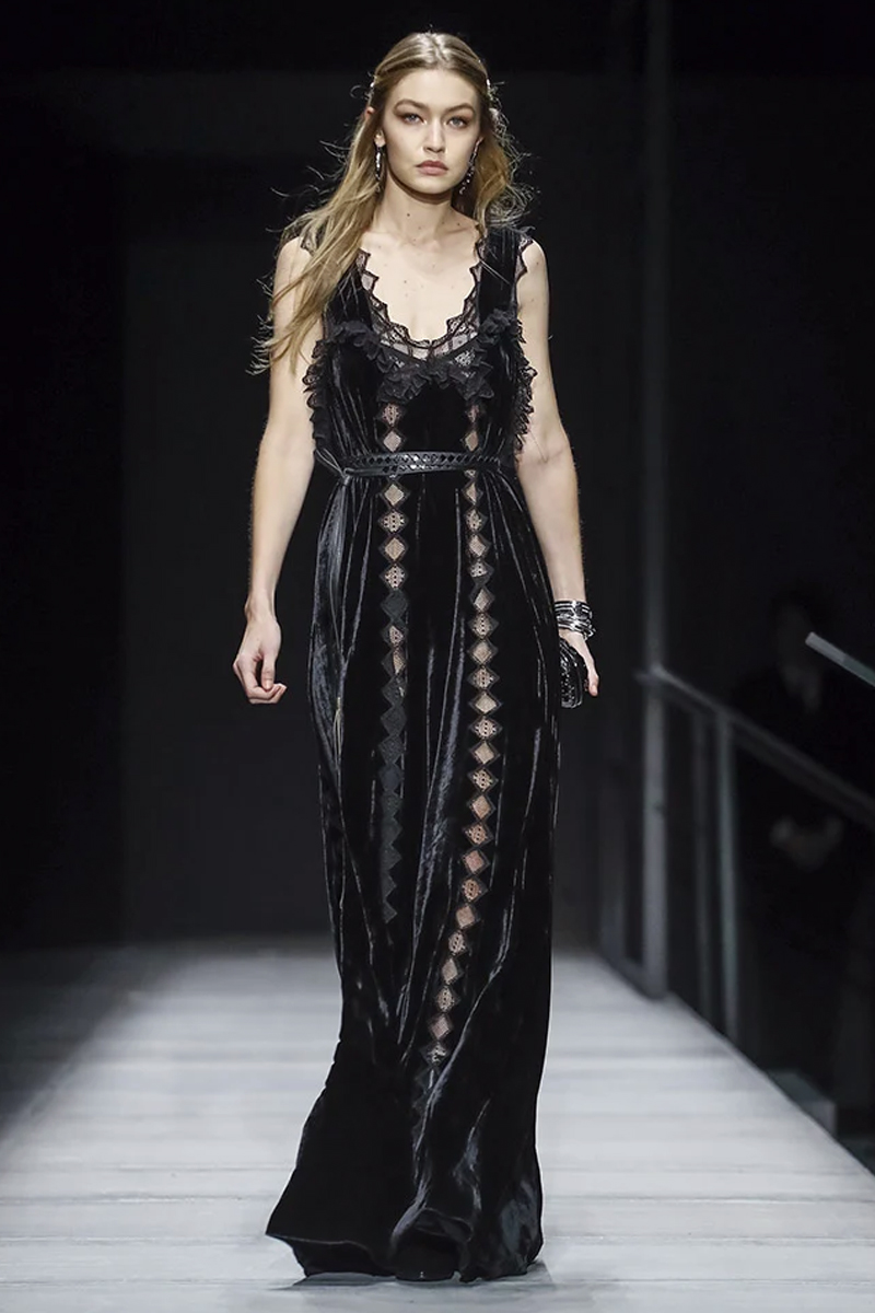 model in a black gothic dress at Bottega Veneta Ready-to-Wear fashion show
