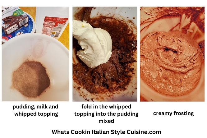 collage on pudding frosting with chocolate instant pudding and whipped topping