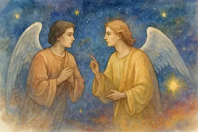 Ilustración en acuarela digital de dos seres espirituales conversando en un entorno cósmico, rodeados de estrellas y nebulosas, simbolizando la búsqueda del conocimiento eterno en un plano celestial.