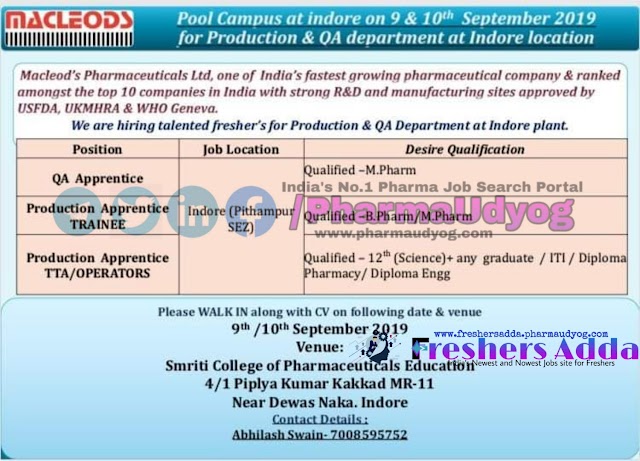 MacLeods | Walk-in interview for Freshers | 9-10 September 2019 | Indore