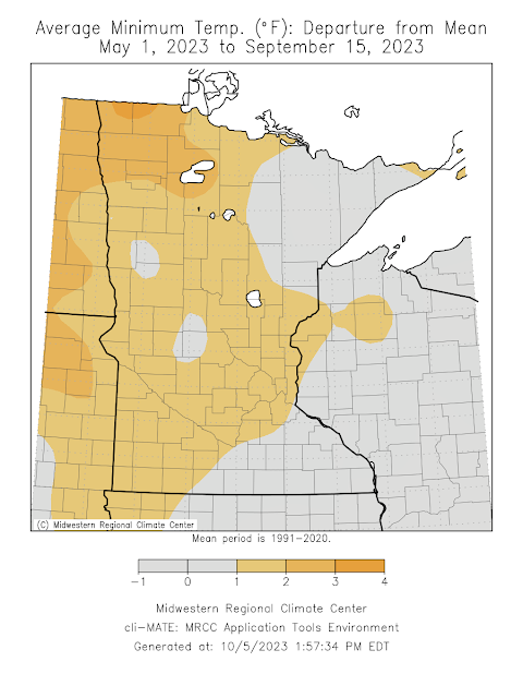 Map of Minnesota displaying departure of average daily low temperatures from normal between May 1 and September 15, 2023.
