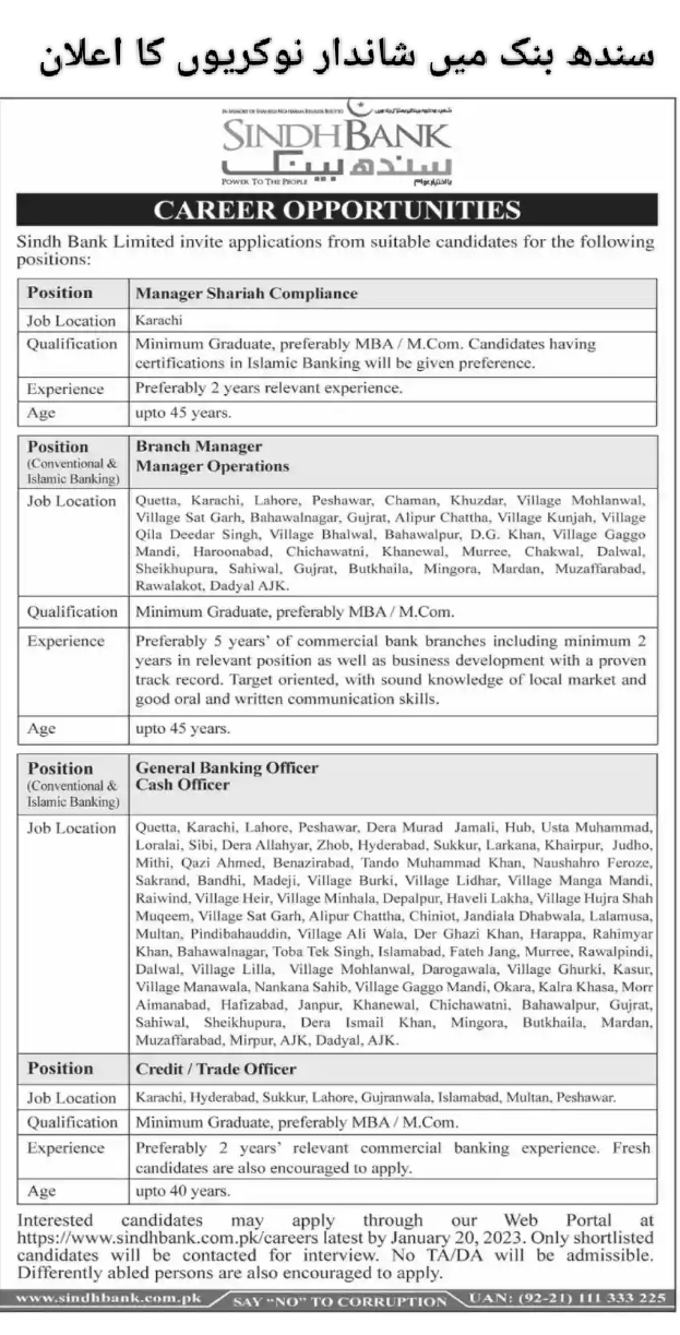 Sindh Bank New Jobs 2023