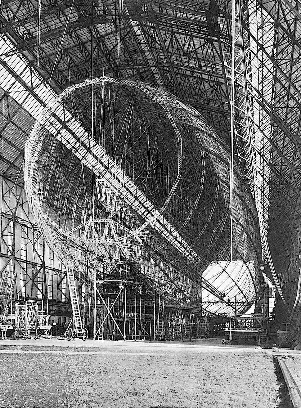 a 1920 Zeppelin during construction, a photograph showing the ship crew's catwalk