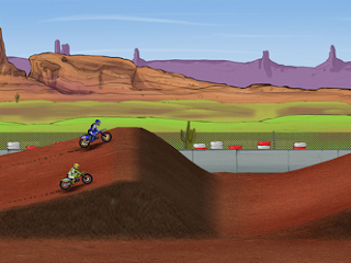 motocross riders in desert about to jump from hill in video game