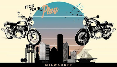 Illustration of motorcycle and Milwaukee skyline.