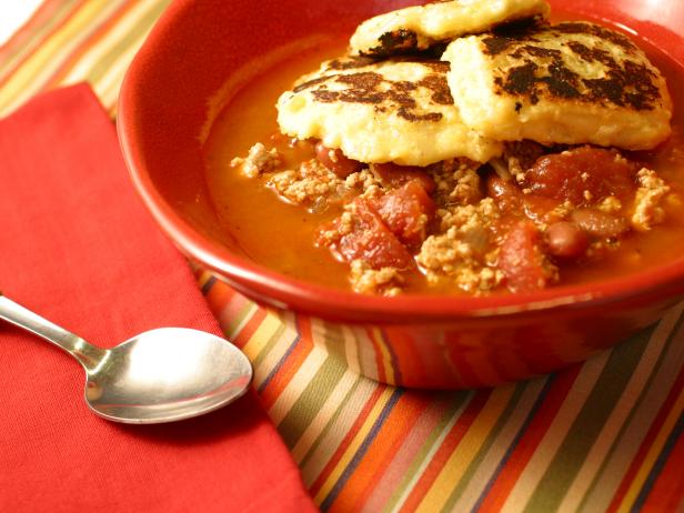 Turkey Chipotle Chili with Pepper Jack Cheese Corn Cake Toppers