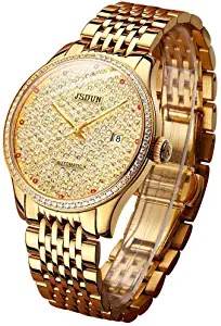 JSDUN Automatic Watches for Men Male Tungsten Steel Sapphire Mechanical Dress Wrist Watch Waterproof Luminous with Day Date Calendar Big Face Large Dial Pyramid Bezel Two Tone