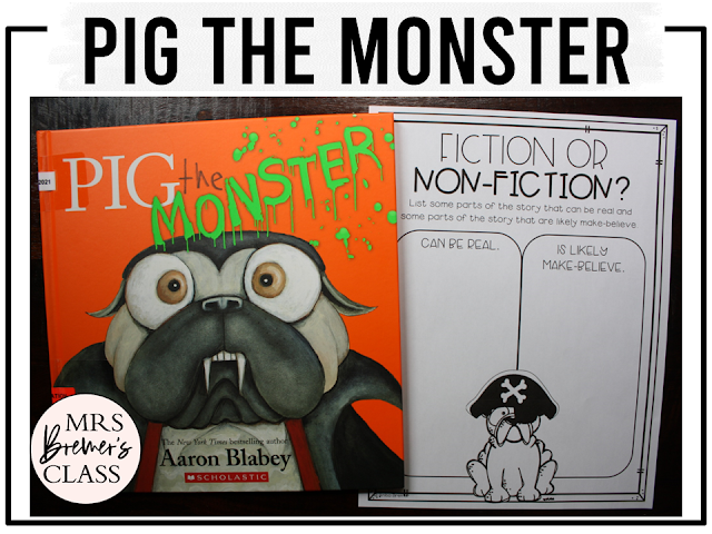 Pig the Monster book activities unit with printables, literacy companion activities, and reading worksheets for Halloween in Kindergarten and First Grade