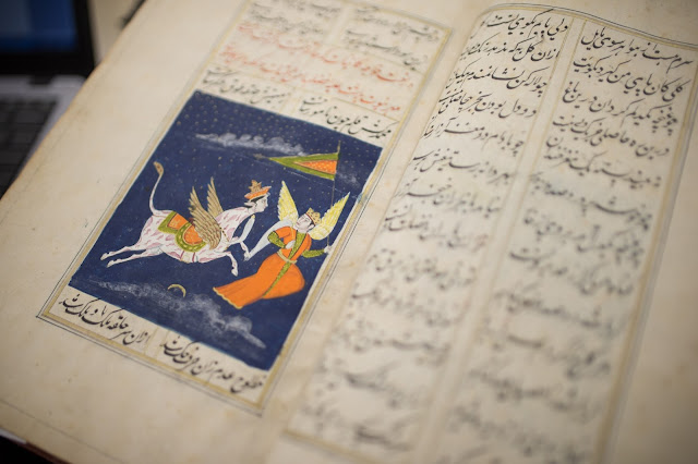 19th century Persian manuscript depicting man and horse, both with wings.