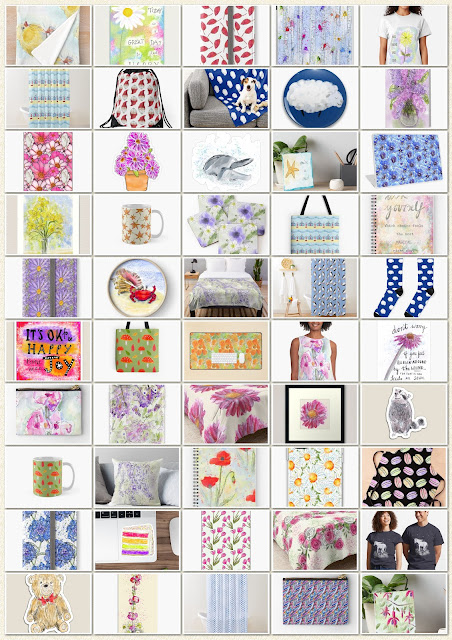A 5 by 10  grid of photos of 50 gift items with designs by Clare Walker