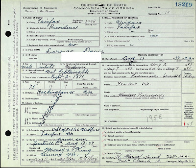 Death Certificate Lorenza Ridell McKinley Davis 1947  http://jollettetc.blogspot.com