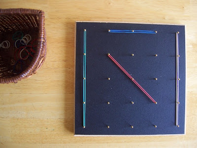 a basket of rubber bands and a black geoboard with four rubber bands stretched onto pegs