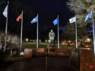 The World War I doughboy before the tree lights came on