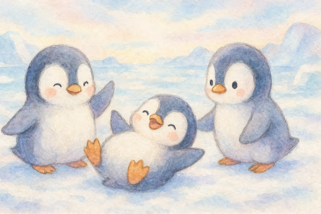 水彩とパステルカラーで描かれた南極の風景の中で、三匹のかわいいちびキャラペンギンが雪の上ではしゃいでいる様子。背景には柔らかな色合いの氷山と雪山が広がっている。