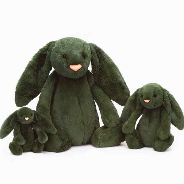 Jellycat Bashful Forest Bunny - coming with a super soft forest green coloured fur body, the classic 'Bashful Bunny' long ears, delicate pink nose, fluffy bob tail and super cute looks!