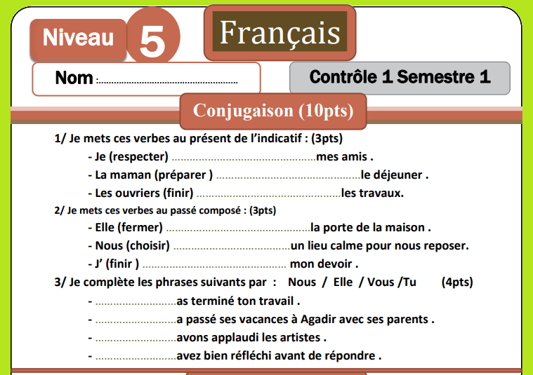 Contrôle 1 Semestre 1 Conjugaison Grammaire 5aep