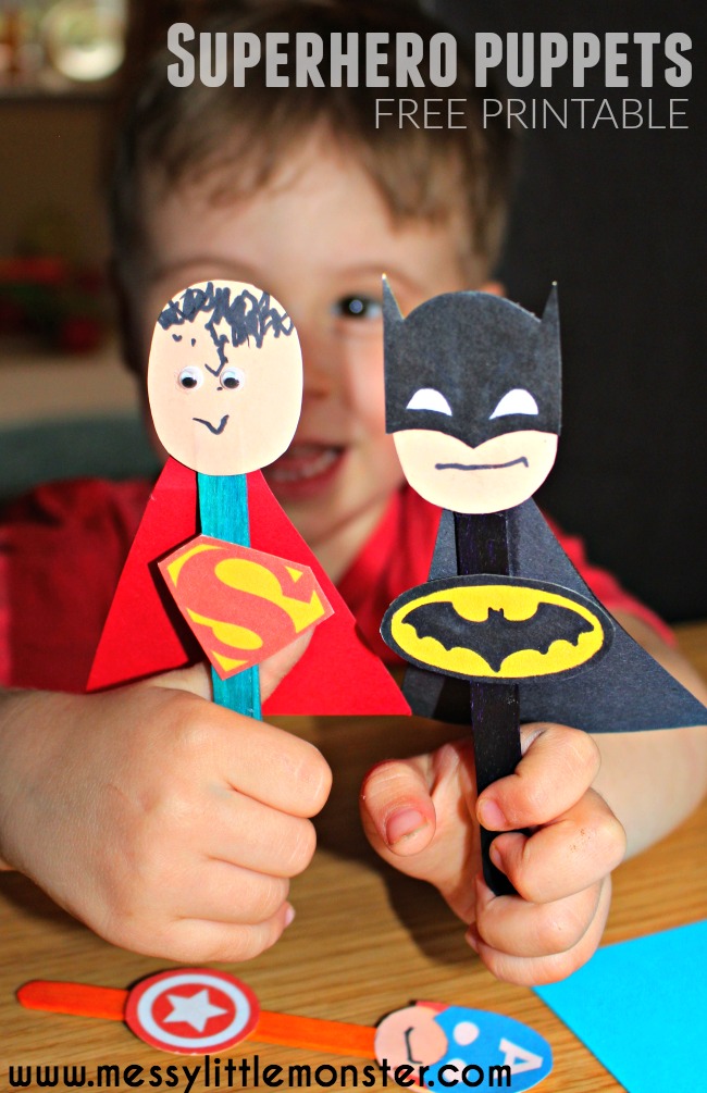 Craft stick superhero puppet activity for kids. Perfect for imaginative play/ story telling. FREE PRINTABLE Batman, Superman, Spiderman, Ironman, Flash, Captain America masks and badges.
