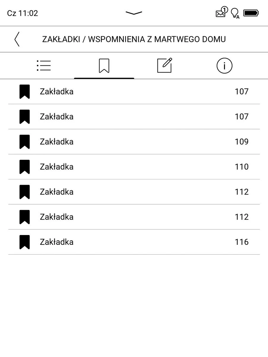 PocketBook Era – lista dodanych zakładek w e-booku