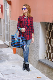 red plaid shirt, marc by marc jacobs tote bag, Oakley blue mirror sunglasses, Fashion and Cookies, fashion blogger