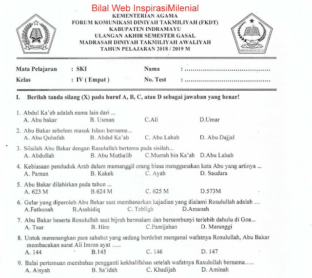 Download Soal UKK Madrasah Diniyah Takmiliyah Awaliyah (MDTA) Mapel SKI Kelas 4 Tahun 2018-2019 M