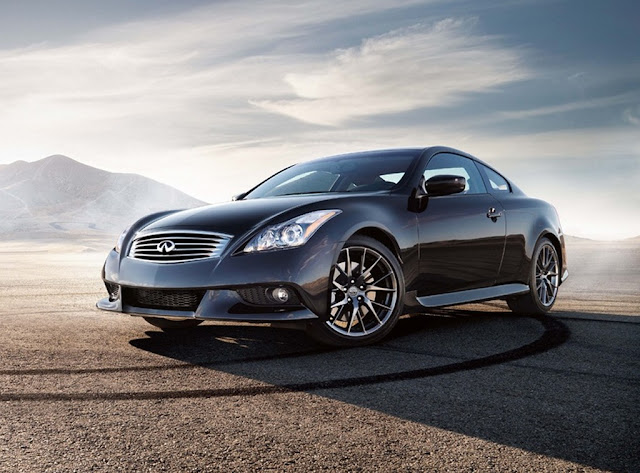 Front 3/4 view of black 2011 Infiniti G37 in desert with tire tracks