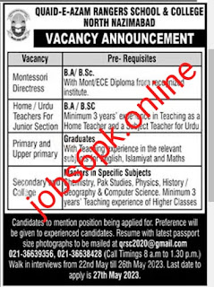 Quaid e Azam Ranger School and College Government Jobs in Karachi 2023