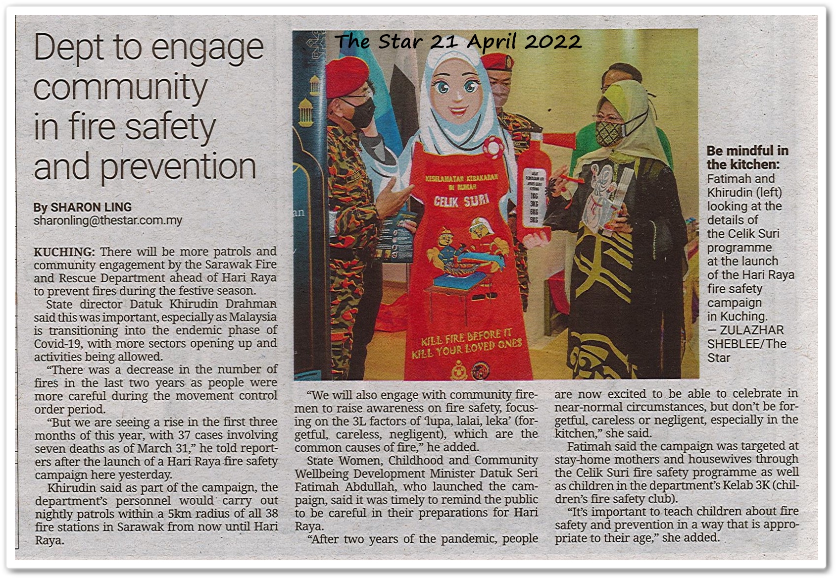 Dept to engage community in fire safety and prevention - Keratan akhbar The Star 21 April 2022