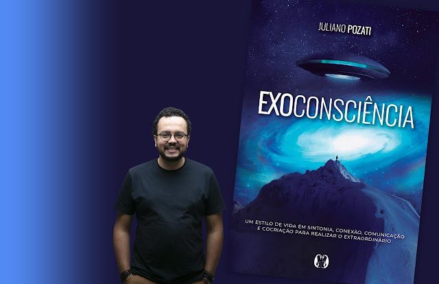 Ator Juliano Pozati e capa do livro "Exoconsciência".