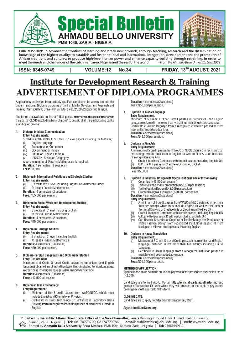ABU IDRT Diploma Programme Admission Form 2021/2022
