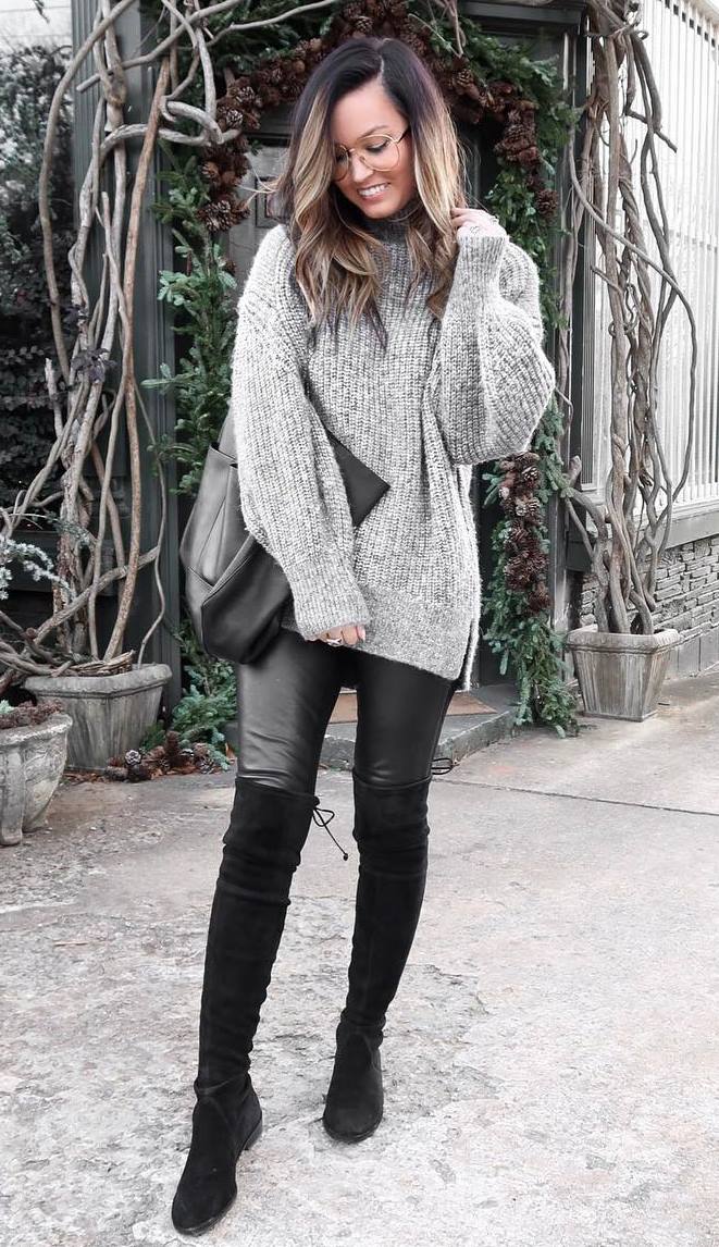 how to wear a grey oversized sweater : bag + over knee boots + leather skinnies