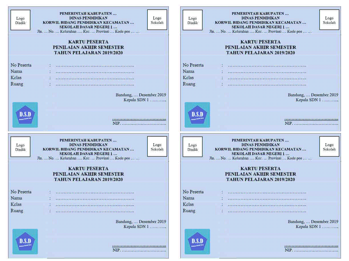 Contoh Format Kartu Peserta PAS atau Penilaian Akhir Semester