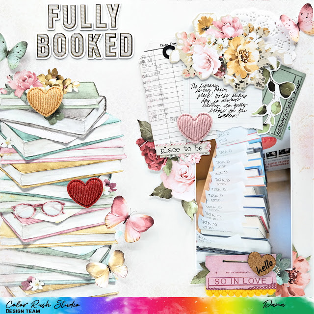 Book lover library holds scrapbook layout created with the Simple Stories Simple Vintage Love Story line and Color Rush Studio Embellishments.